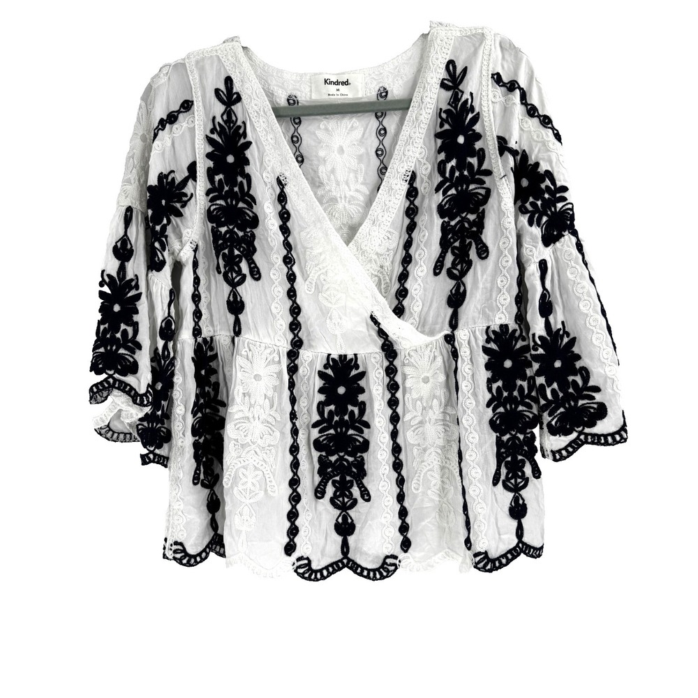 Kindred Bohemian Embroidered Babydoll Peasant Top Women's M White Hippie Retro - Picture 7 of 9